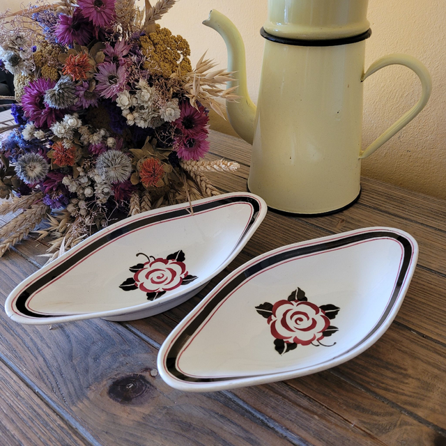 X Raviers Sarreguemines Noyon décor de rose noire et bordeaux 