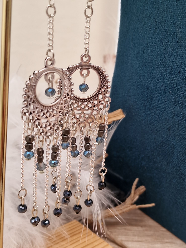 Boucles D'oreilles Chandelier Bohème Argenté Perles Cristal