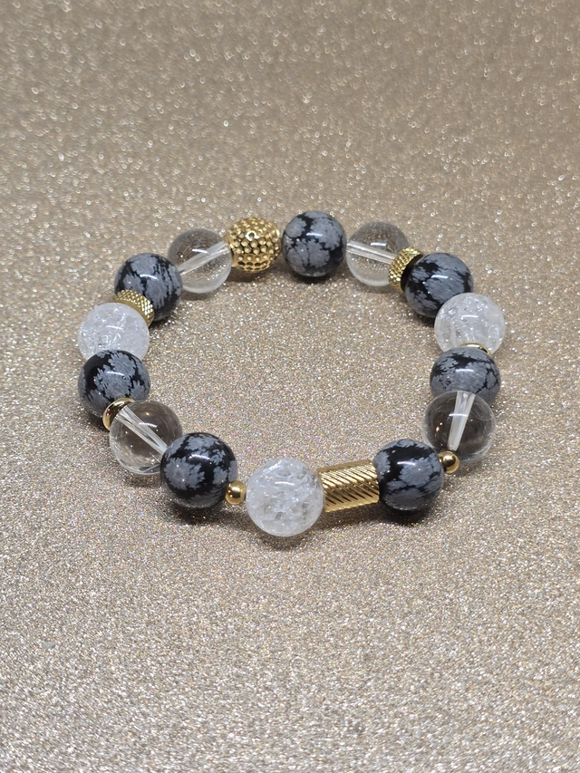 Bracelet Obsidienne flocon et Cristal de roche XL en 1,2 cm ainsi 