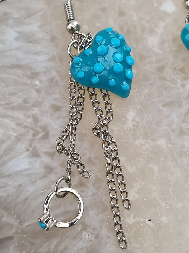 Boucles D'oreilles Argentées Fraise Bleu Bague Argenté Strass