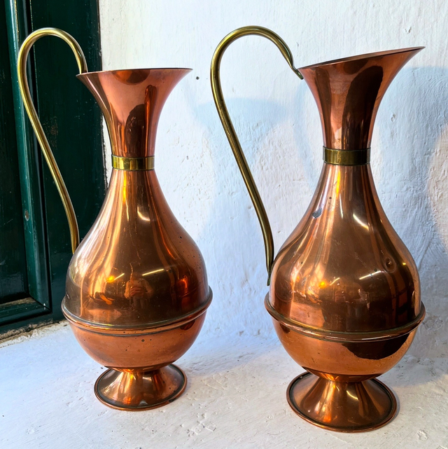 Pair Of Graduated Brass And Copper Decorative Jugs 