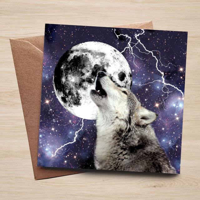 Cosmic Wolf Greeting Card | ME002 | Galaxy &amp; Howling Wolf Design