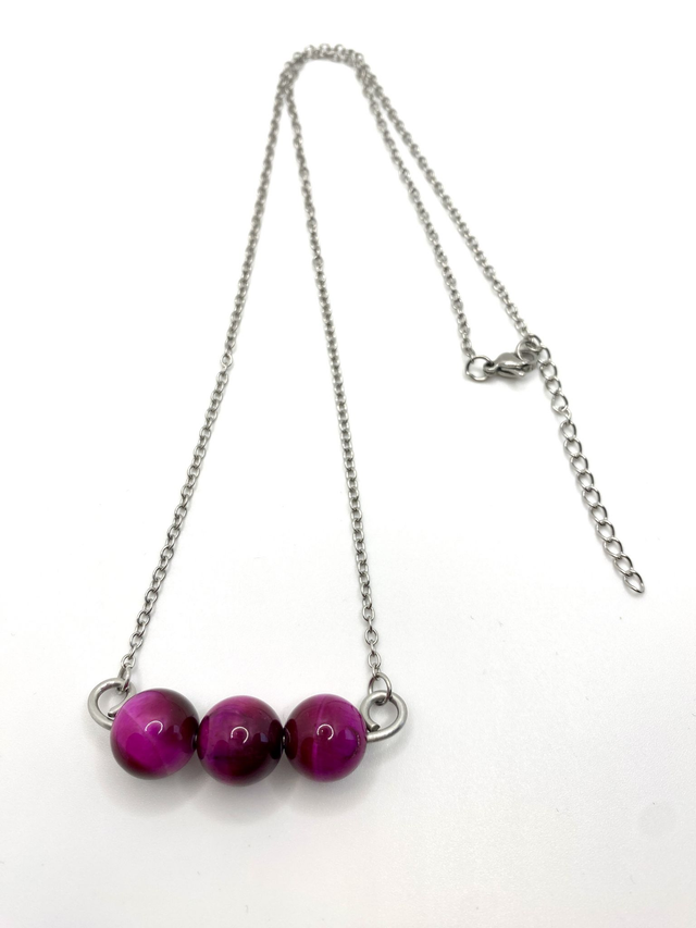 Pendentif Trio en Œil de Tigre Rose – Chaine acier inox