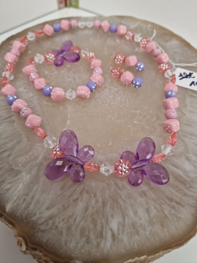 Parure Bijoux Papillons Dés Perles Roses Violets