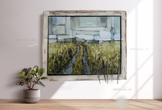 Eitempera Landschaft abstrakt mit Rahmen 49x59cm