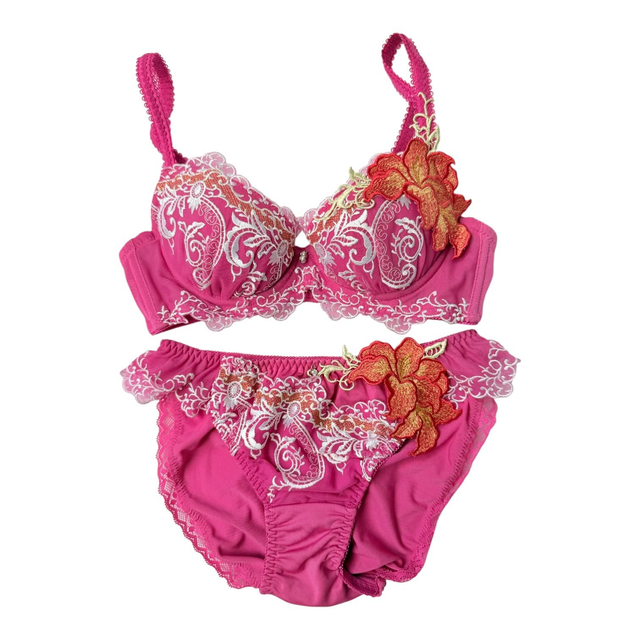 Magenta Pink floral intricate appliqué Japanese Bra + Underwear Set UK 30A