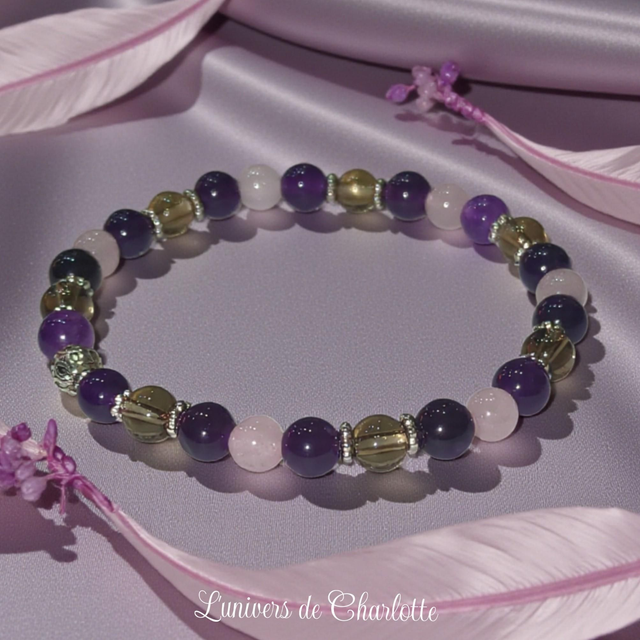  Bracelet "Lutter contre les dépendances" - Quartz rose, quartz fumé, améthyste - REF12