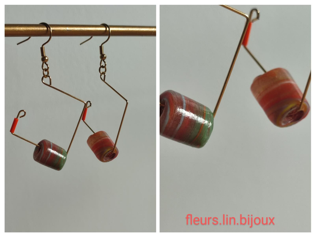 Z-Boucles d&#039;oreilles en verre de Murano orange, vert, jaune, rouge.... acier inoxydable doré -sans nickel, pièce unique 
