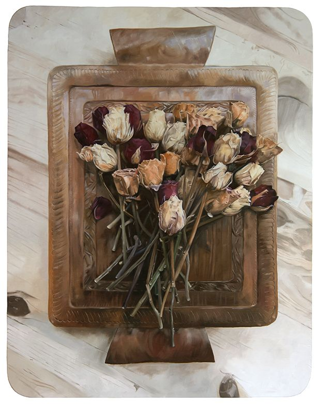 Original Oil Painting - Dried Roses on Wooden Tray