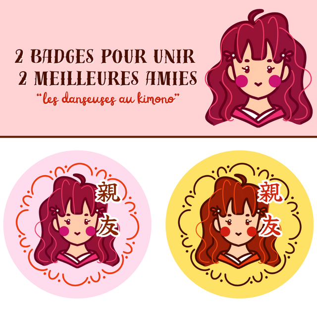 Badges kimono assortis 37mm "Pour unir 2 meilleur.e.s ami.e.s"