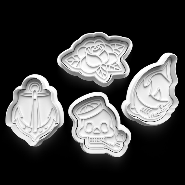 Tattoo Cookie Cutter Embosser Set of 4 Cutters &amp; Stamps Biscuit Mould Debossed Sugar Biscuits