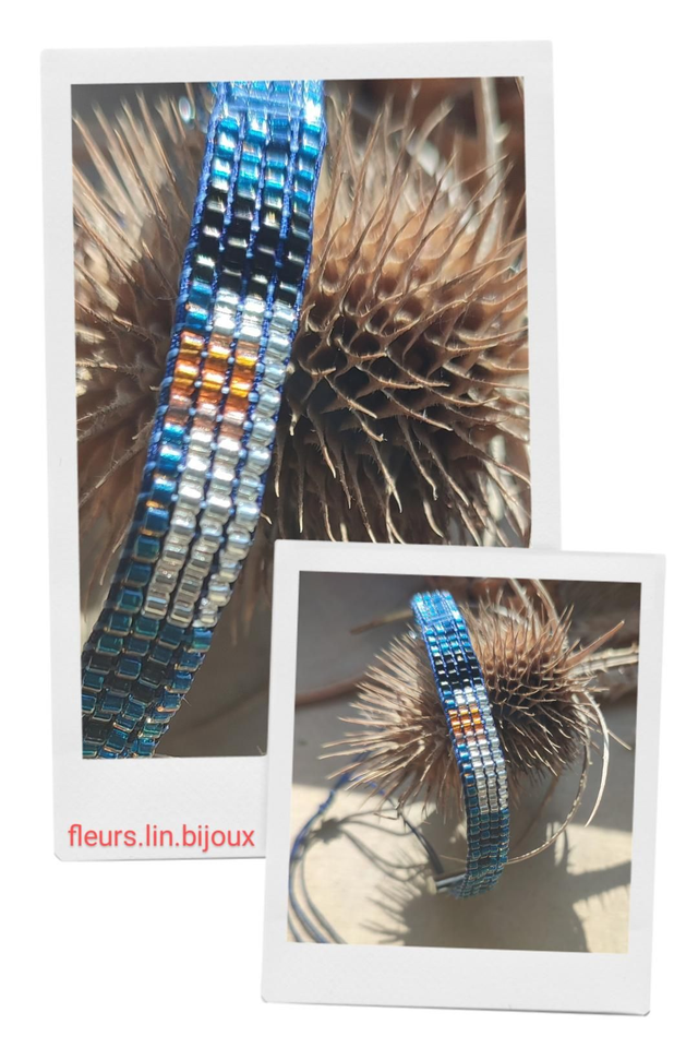 Bracelet tissé main en perles de verre miyuki bleu/ argent/orange réglable 