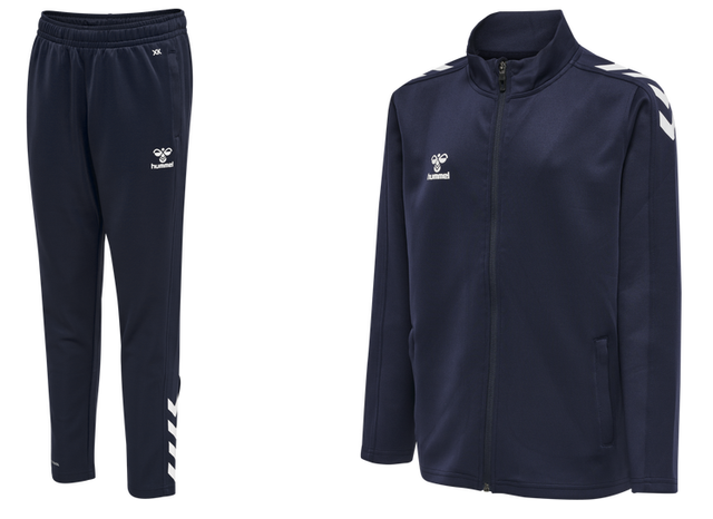 SÆTTILBUD hmlCORE XK POLY ZIP SWEAT + POLY PANTS KIDS Marine - KIF Logo på brystet, KIF Logo på lår, sponsorlogo og KUNDBY IF tryk på ryggen