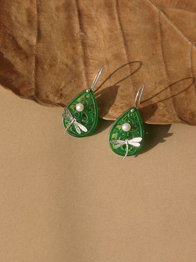 *Designer Silver Jewellery* Dancing on the Water, Dragonfly on Jade Silver Earrings