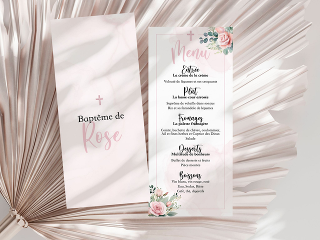 Menu Baptême Fleurs &amp; Blush rose