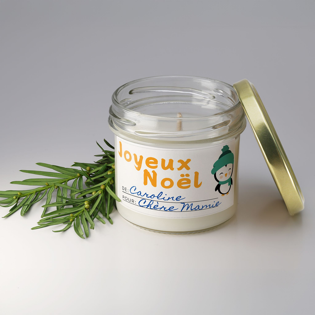 Bougie artisanale parfumée en cire de soja avec étiquette personnalisée - Cadeau pour Noël, Nouvel An, Fêtes de fin d&#039;année, 100g (CJN22)