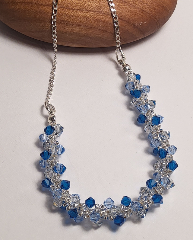 Handsewn capri and light sapphire crystal sterling silver necklace 