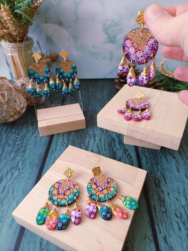 &quot;Équinoxe &quot; Attrape-rêve d&#039;été doré - Boucles d&#039;oreilles liège et graines 