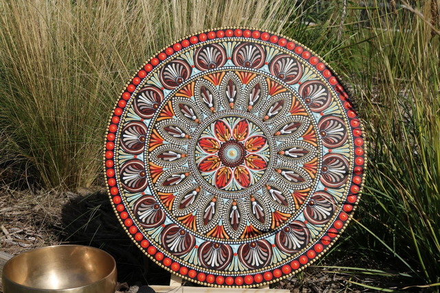 Mandala 40 cm vert d&#039;eau et couleurs chaudes