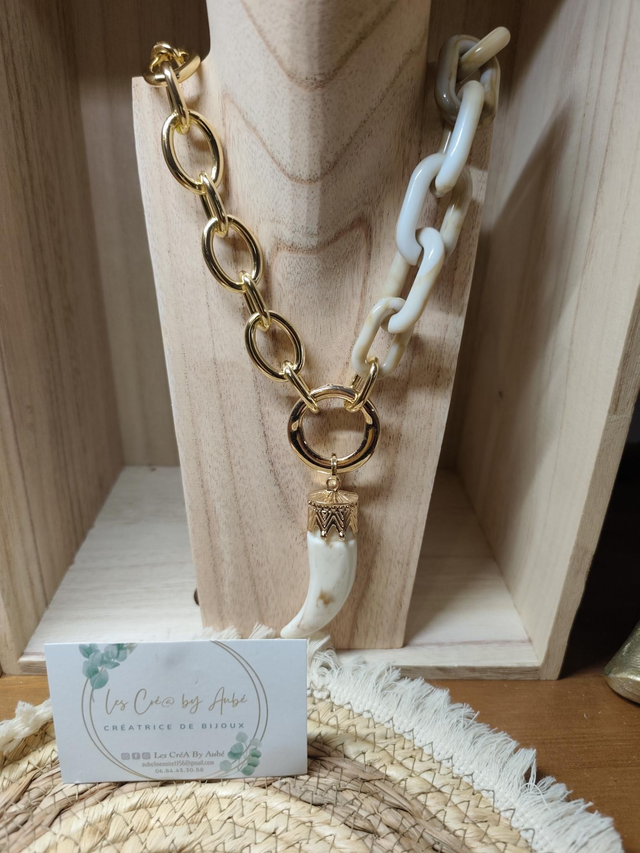 BIG COLLIER MAILLE RESINE CORNE/ GOLD/ECRU 0000537