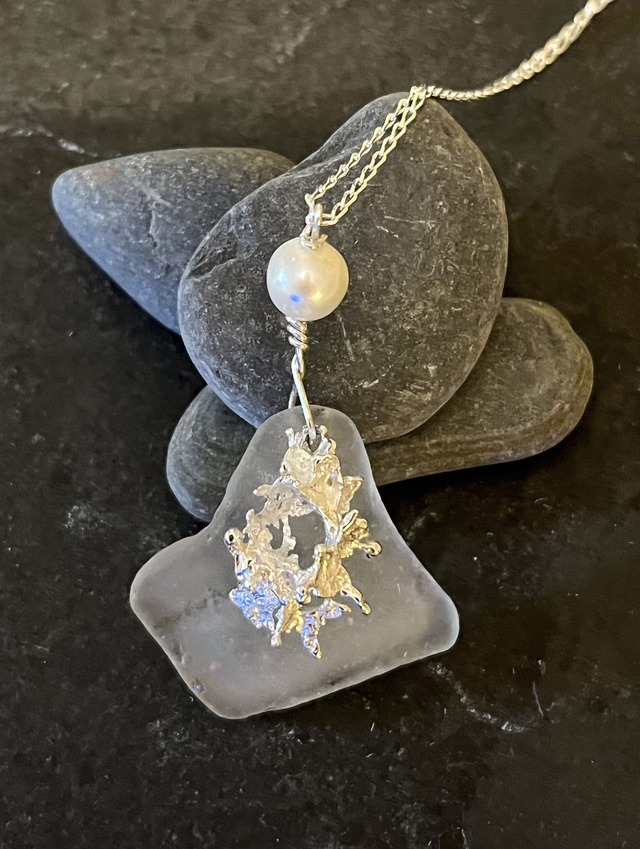 Tide Whisper: Sea Glass &amp; Recycled Silver Salt Cast Pendant with Pearl