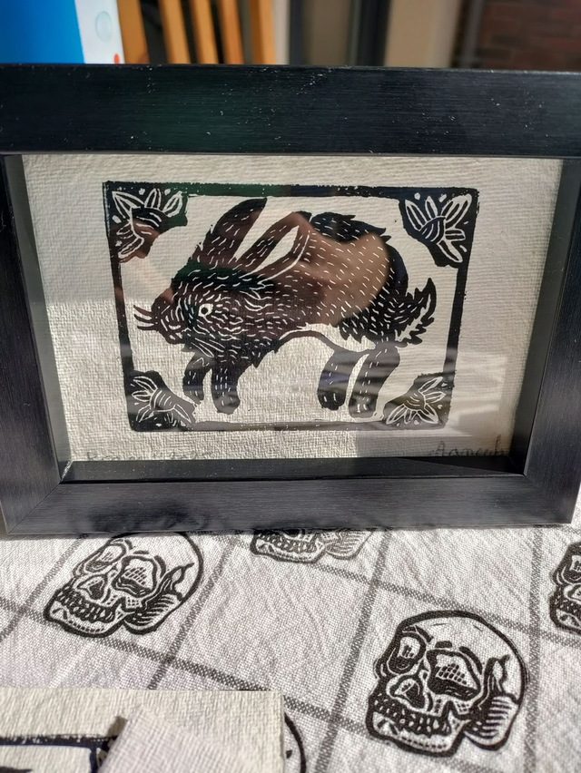 Linogravure Roger Lapin encre bleue 10X15 cm