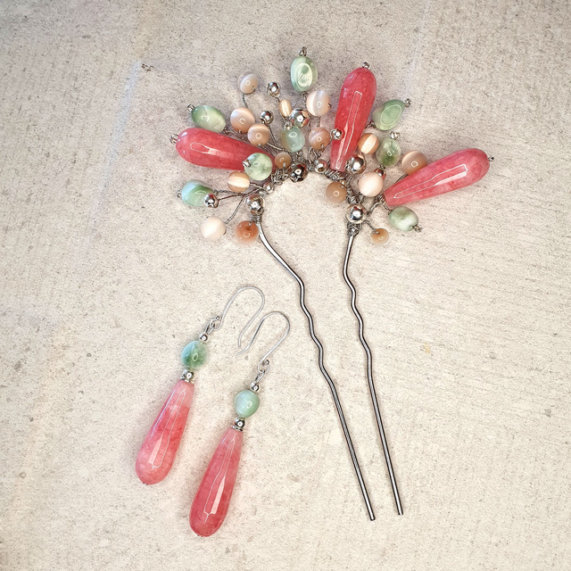 Tocado peineta piedras jade rosa amazonita verde conjunto con pendientes 1920 ArtNouveau Nita