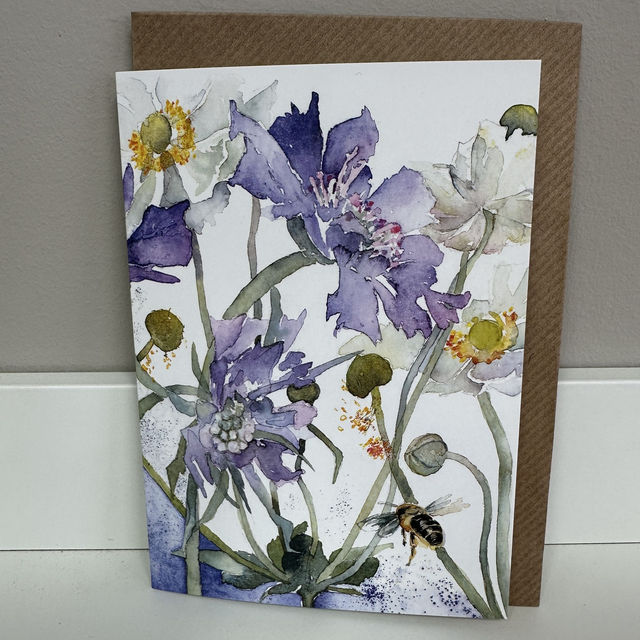 Blue Scabious with Bee Greetings Card