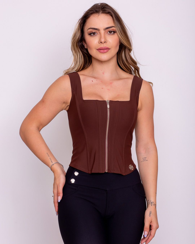 Cropped Miss Misses com Zíper e Barbatana - Cor Marrom