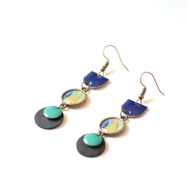 Boucles d'Oreilles Upcyclées en Chambre à air & Papier Recyclés - Paon 