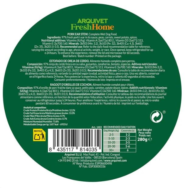 Ragoût d'oreilles de porc / FreshHome - 9 bols x 280 Grs = 2.520 Kg - Arquivet / ARQ1403