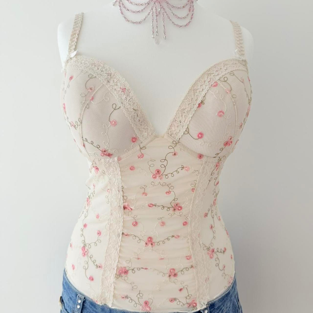 y2k pink and cream floral mesh corset cami top  