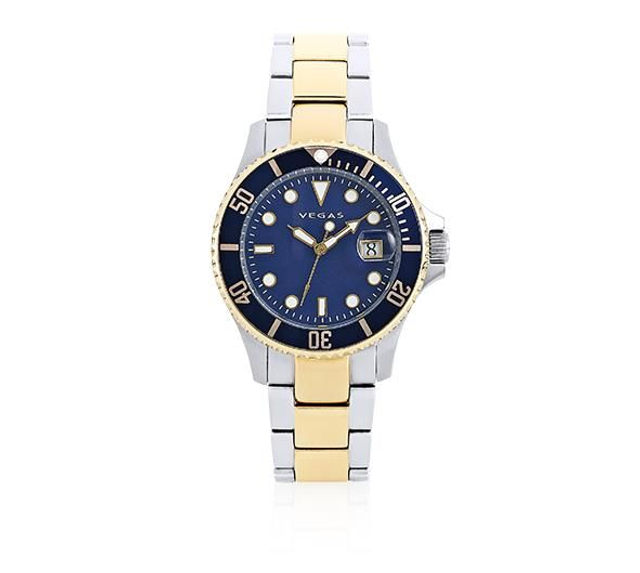 Dameshorloge Ø 40 mm – blauwe wijzerplaat &amp; tweekleurige roestvrijstalen band