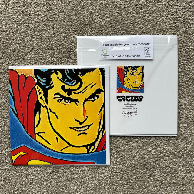 Superman - Single Square Greeting Card, White Envelope, Blank Inside, Recyclable Wrap, Professionally Printed.