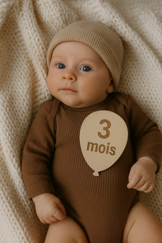 Cartes étapes bébé en bois – Forme ballon, écriture léopard