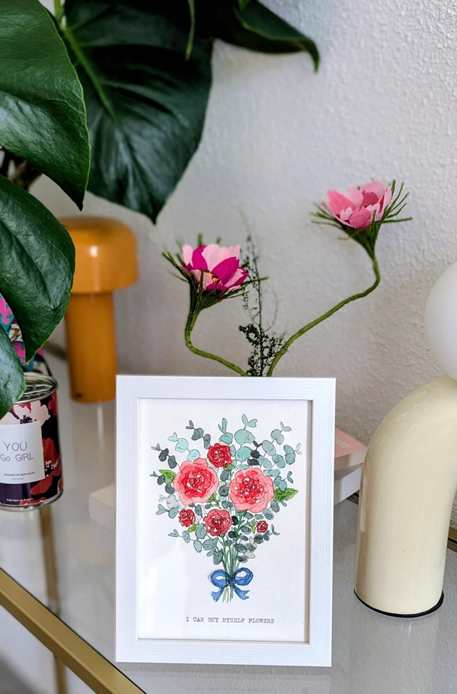 Bouquet roses - Aquarelle originale avec cadre