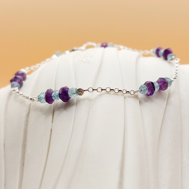 Sterling silver, amethyst and apatite beaded chain bracelet