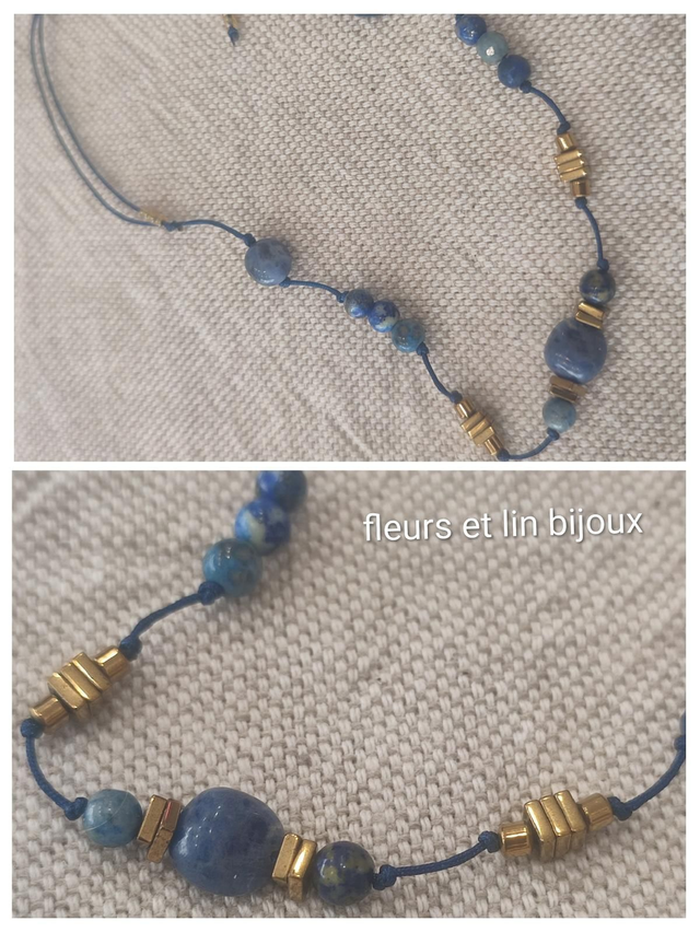 Bracelet en lapis lazuli et pyrite ( pierres naturelles) réglable par lien 