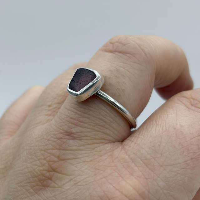 Purple Seaglass & Recycled Silver Ring Size R