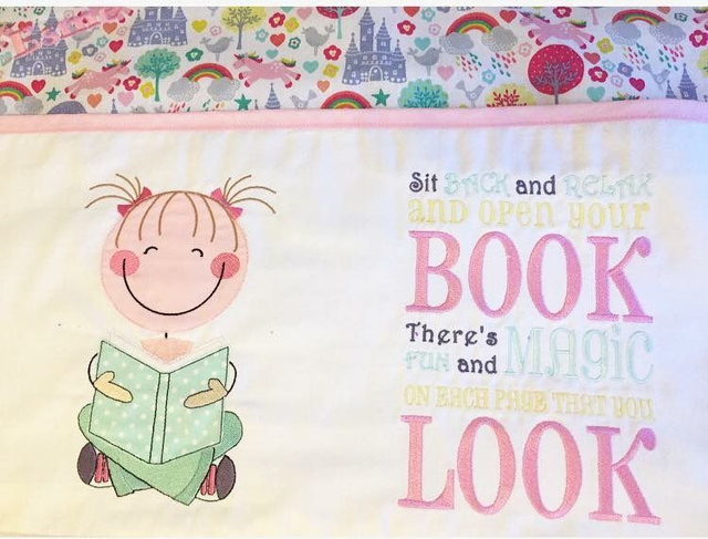 Cute Girl Reading Book Cushion with embroidered pocket