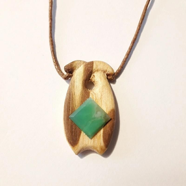 Chrysoprase Necklace With Hand Carved Palo Santo Wood 