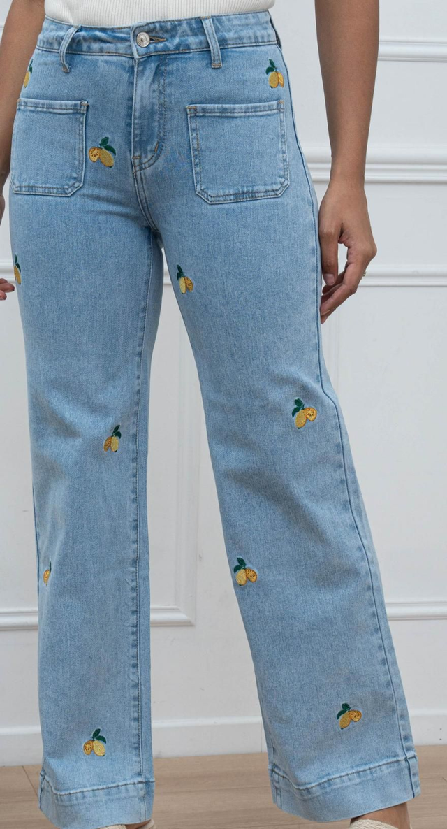 Jean wide leg citron brodé 