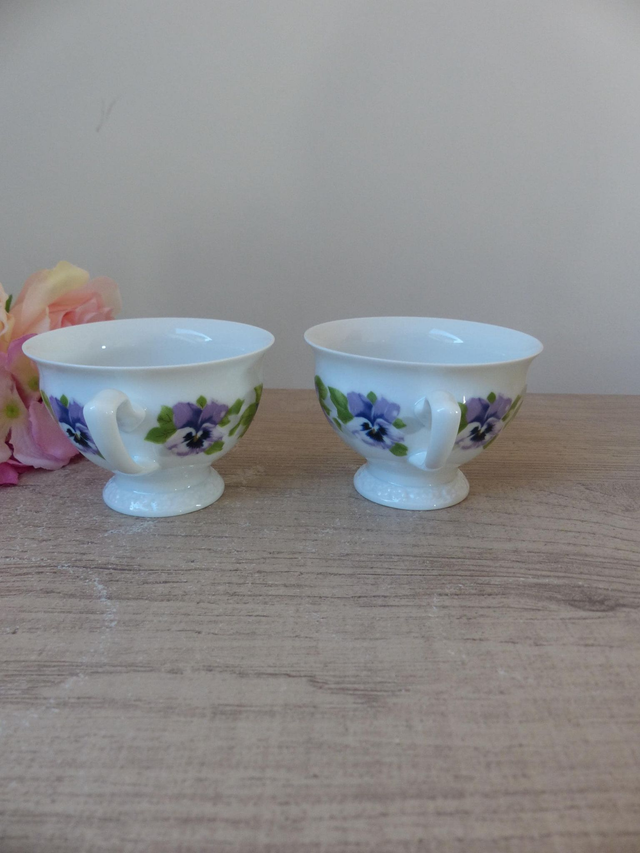 Deux tasses à café porcelaine Rosenthal Collection Classic, Allemagne, tasses romantiques fleurs pensées violettes, cadeau couple ami maison