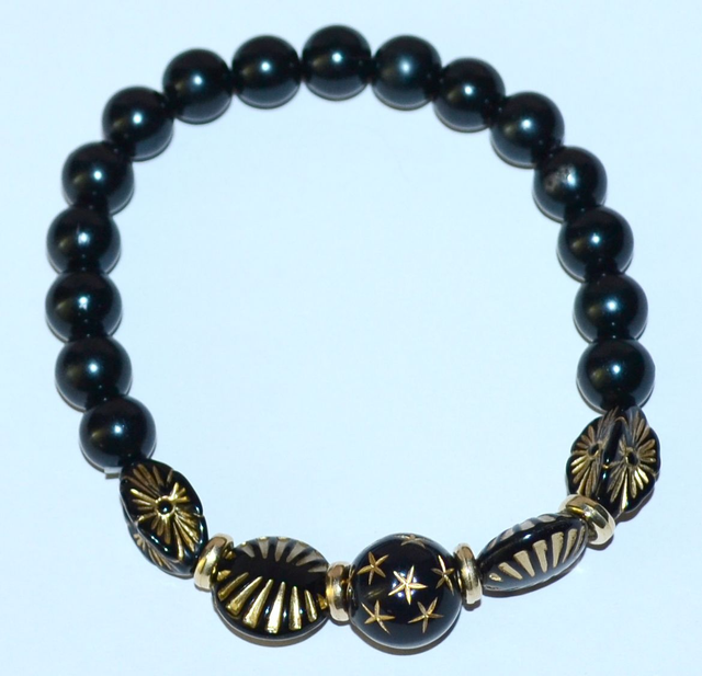 B82 - Bracelet perle acrylique ton noir et doré