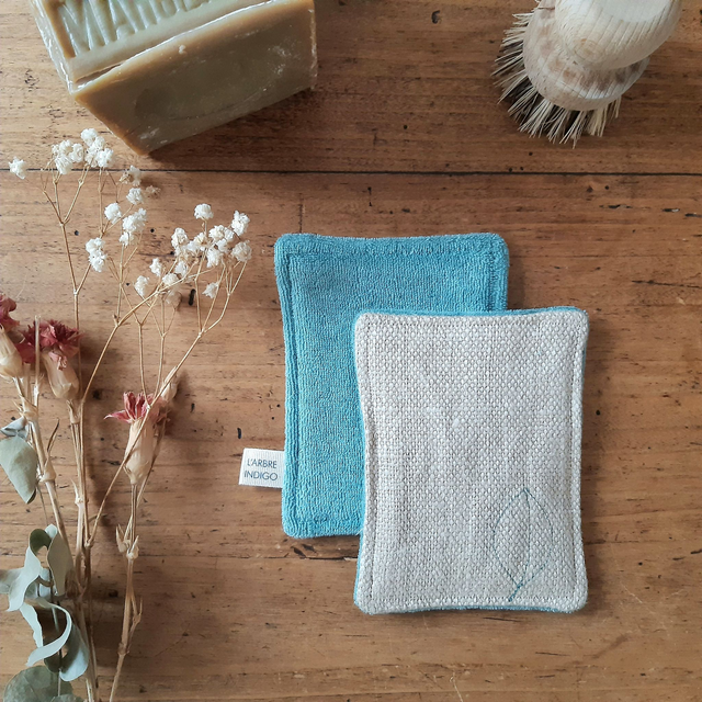 Éponge lavable naturelle bi-face - Petit modèle - Vert d'eau