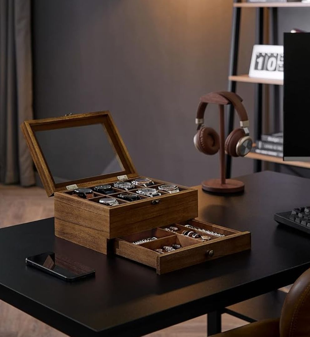 Scatola porta orologi in legno da 8 posti con cassetto