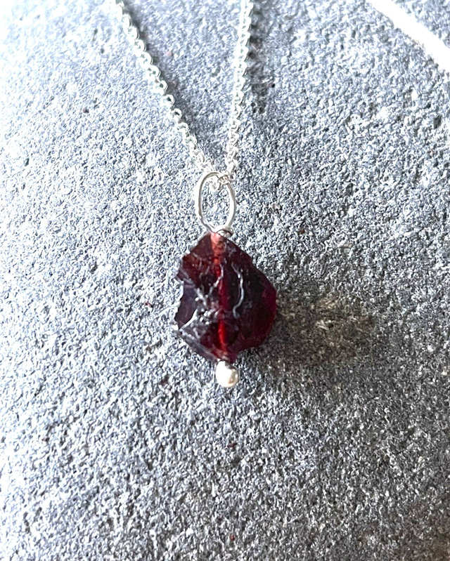 January - Garnet birthstone necklace - raw &amp; threaded with sterling silver