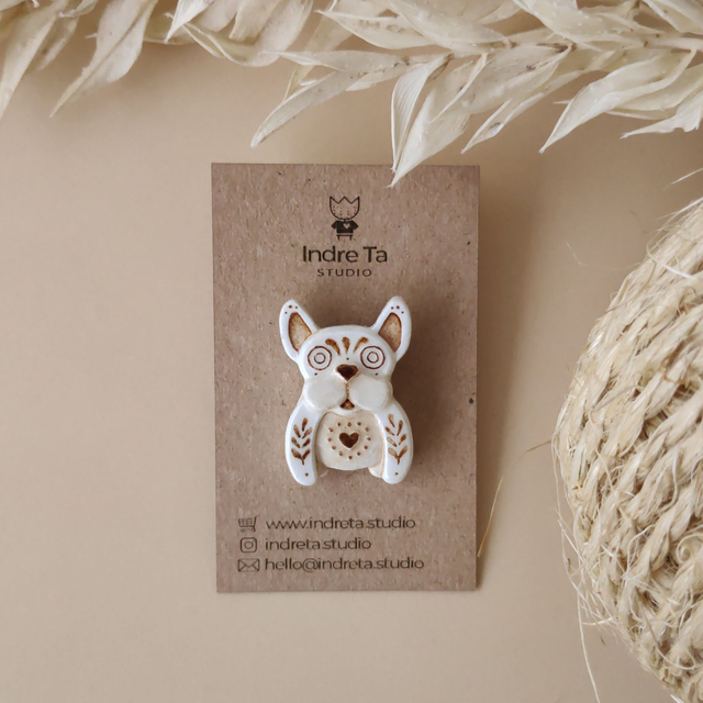 Clay French Bulldog Pin | Pottery Bulldog pet gift | Dog lover gift | Air-Dry Clay Brooch