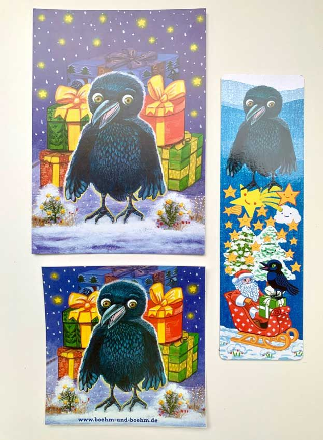 Bundle "Rabenweihnacht": Postkarte, Aufkleber, Lesezeichen / "Raven Christmas": Postcard, Sticker and Bookmark