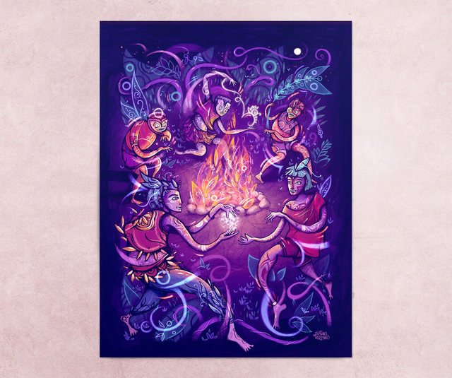 Autour des flammes - Affiche illustration festive - 30x40cm / 18x24 cm